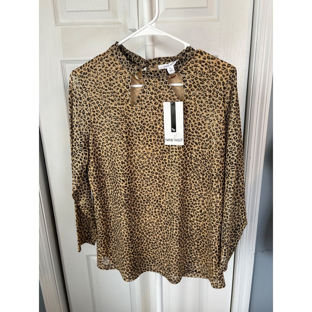 Nine‎ West Womens Metallic Leopard Print Keyhole Mock Neck Blouse Gold Brown M